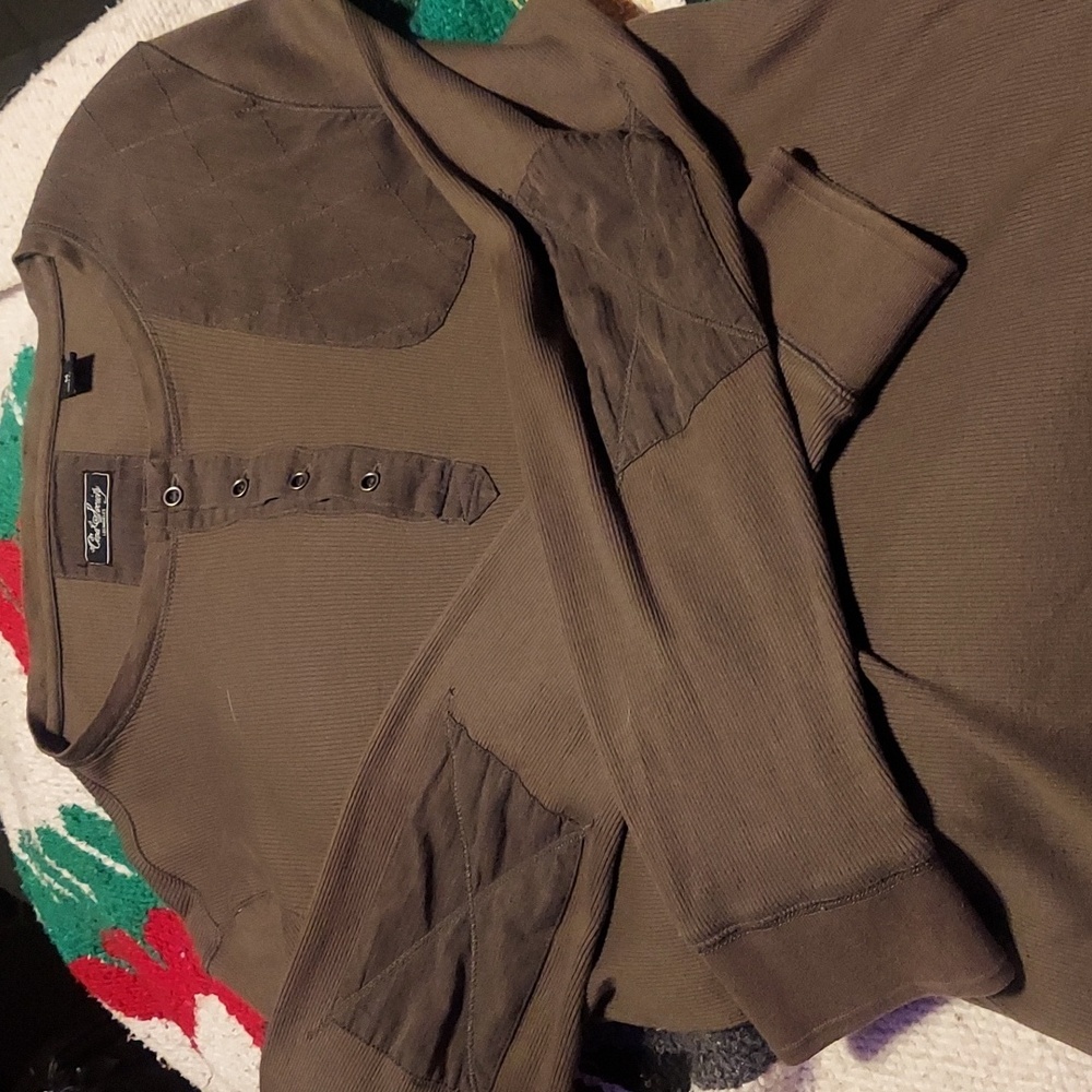 Military inspo. On this quilted / patchwork high end henley from Civil society
